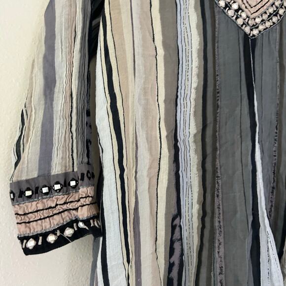 Anu shift tunic striped 3/4 sleeve beaded neckline lightweight vacation boho L - Picture 7 of 12